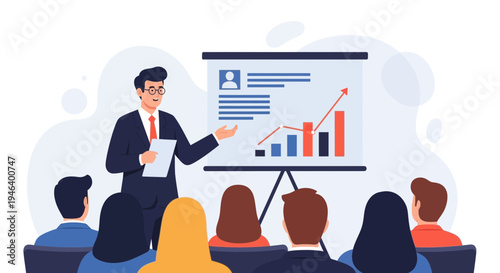 Business presentation with charts and graphs, speaker and audience in a meeting