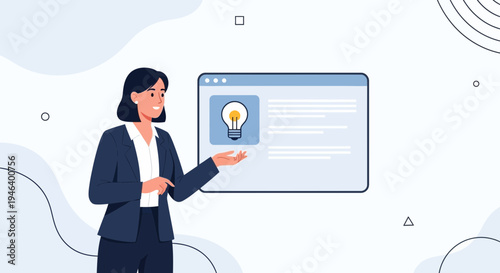 Businesswoman presenting idea on screen with lightbulb icon, business concept