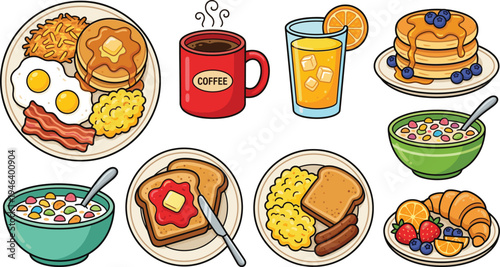 Breakfast food vector illustration set with pancakes, eggs, bacon, toast, cereal bowl, coffee mug, orange juice and croissant morning meal elements