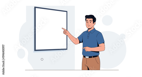 Man pointing at blank screen, presentation, teaching, business meeting, digital display