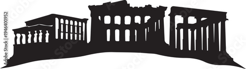 Ancient Greek ruins with columns and arches in silhouette against white background