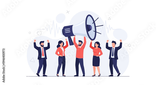 Team holding megaphone celebrating success, announcement, promotion, marketing concept