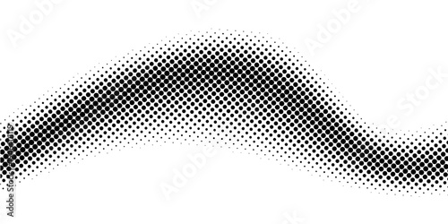 Black halftone dot wave pattern. Abstract grain fluid texture. Dotted curve wallpaper. Grit undulate swoosh overlay for poster, banner, brochure, flyer, leaflet, brochure. Vector rasterized background