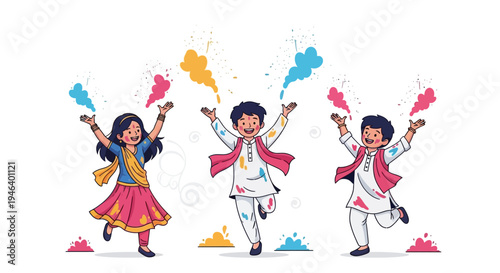 Illustration of people celebrating Holi festival with colored powder, joyful Indian spring celebration in a vibrant, cultural tradition scene.
