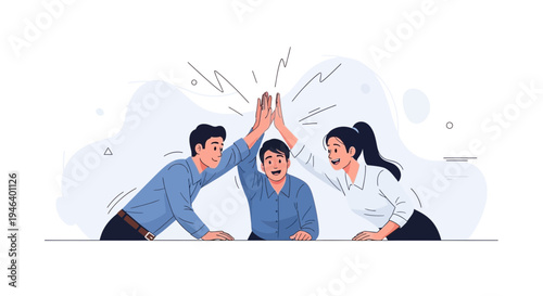 Teamwork Success: Three Diverse People High-Fiving in Celebration