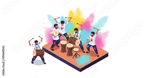 Isometric illustration of people celebrating Holi festival with colored powder and water splashing while playing drums on a vibrant stage with a bonfire ceremony in the background,