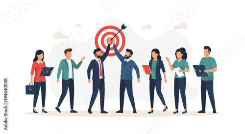 Teamwork success: business people celebrate hitting target with arrow in bullseye