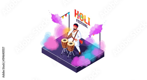 Isometric illustration of a man playing drums on a stage with colorful smoke and Holi festival decorations in the background, celebrating Indian spring festival of colors with traditional