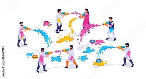 Illustration of people celebrating Holi festival with colored powder and water splashing in a vibrant spring celebration with Indian cultural traditions.