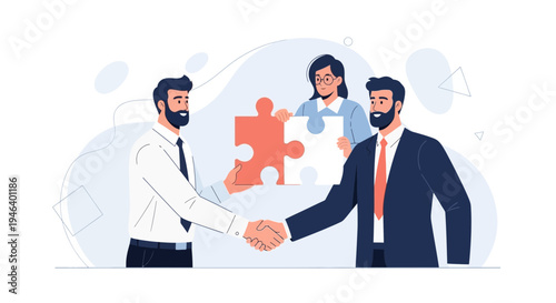 Business partners shaking hands, completing a deal with puzzle pieces