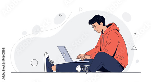 Young man in hoodie typing on laptop, sitting cross-legged on floor, modern illustration
