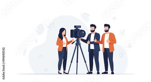 Filmmaking team with camera on tripod, happy people filming movie, video production