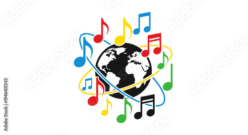 Globe with colorful music notes around.