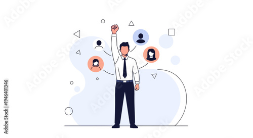 Businessman with raised fist surrounded by user profile icons, teamwork concept