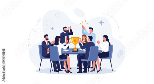Business team celebrating success with a trophy at a meeting table