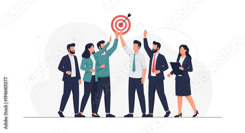 Teamwork success: Business people celebrating hitting target goal, teamwork, achievement