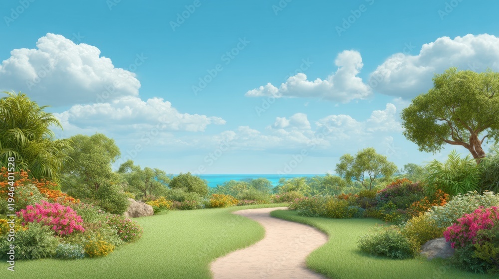 Fototapeta premium Serene Coastal Landscape with Lush Greenery, Colorful Flowers, and a Clear Blue Sky Overlooking Calm Ocean Waters