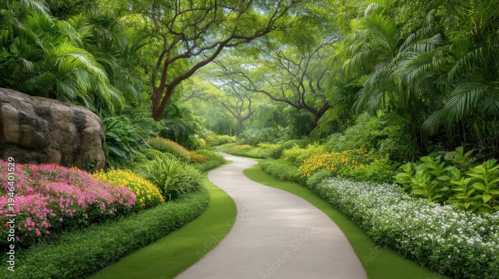 Fototapeta premium Lush Green Pathway Through Vibrant Garden Surrounded by Tropical Plants and Colorful Flowers in Soft Natural Light