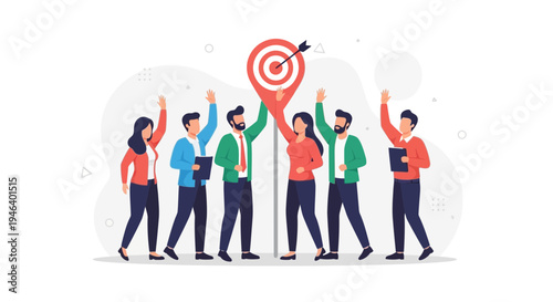Teamwork success: people celebrating hitting target with arrow, business goal achievement