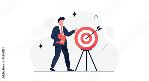 Businessman hitting target with arrow, business success, strategy, goal achievement concept