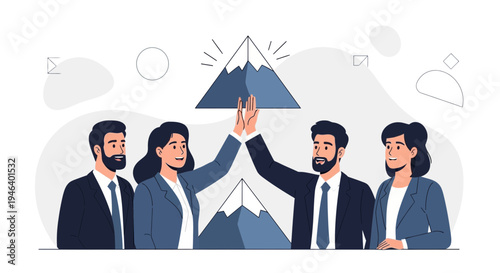 Teamwork success: business people high five celebrating achievement with mountain peak background