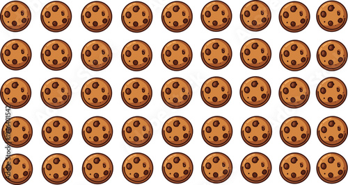 Chocolate chip cookie pattern vector illustration with repeating sweet biscuit snacks, bakery dessert cookies arranged in grid isolated background