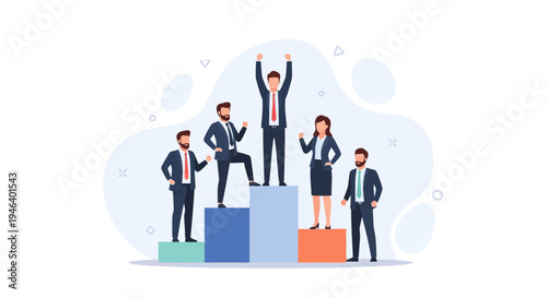 Business team celebrating success on podium, teamwork and achievement concept