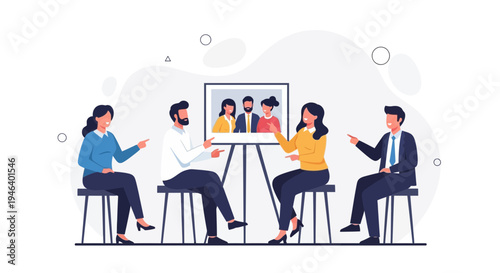 Diverse team discussing strategy, pointing at family photo on presentation screen