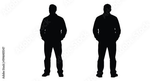 Two men standing side by side in a dark silhouette against white