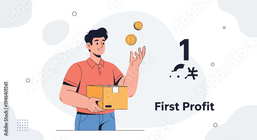 Man juggling coins and holding package, symbolizing first profit and delivery success