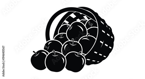 A black and white illustration of a woven basket overflowing with apples