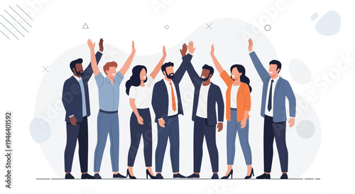 Diverse team celebrating success, high five, teamwork, business people, unity, achievement