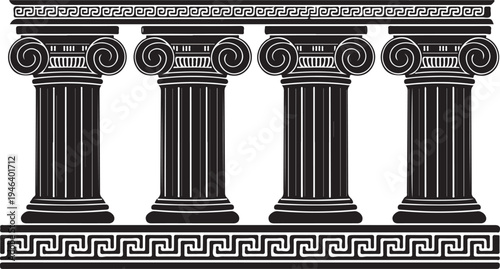 Black and white illustration of four ancient Greek ionic columns with decorative borders