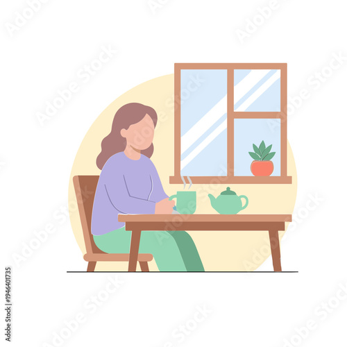Woman sits by window drinking tea with plant on the sill indoors