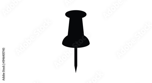 Simple black silhouette of a push pin on a white background