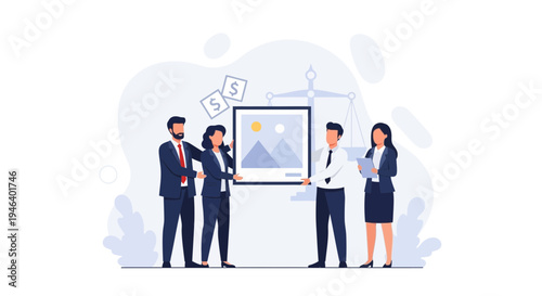 Business people exchange artwork with money and scales of justice