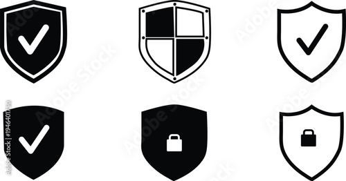 A set of six shield icons with check marks and locks