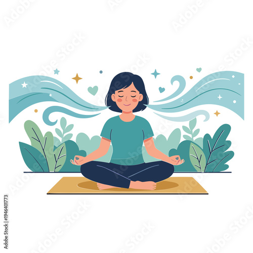 Woman meditates peacefully outdoors on a mat with plants and abstract elements.