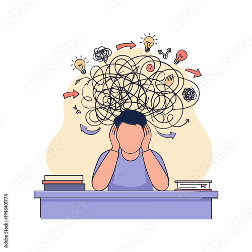 A frustrated man sits at a desk overwhelmed by chaotic thoughts and ideas.