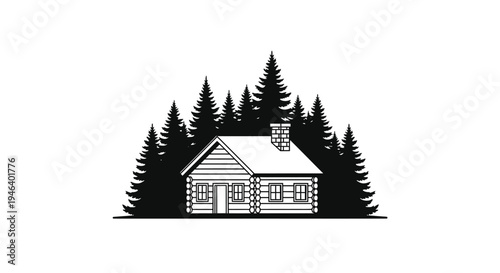 A simple black and white illustration of a cabin nestled among trees