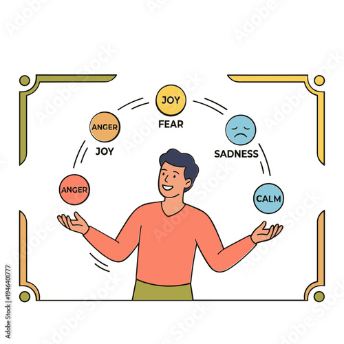 A man juggling emotions like joy sadness anger fear calm in air