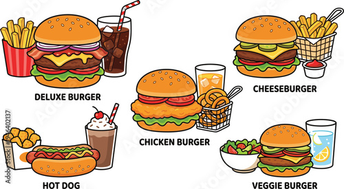 Fast food meal vector illustration set with deluxe burger, cheeseburger, chicken burger, veggie burger, hot dog, fries and soft drinks