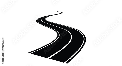 A winding black road stretches into the distance on a white background