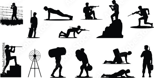 Silhouettes of soldiers in various combat and training positions with rifles and targets