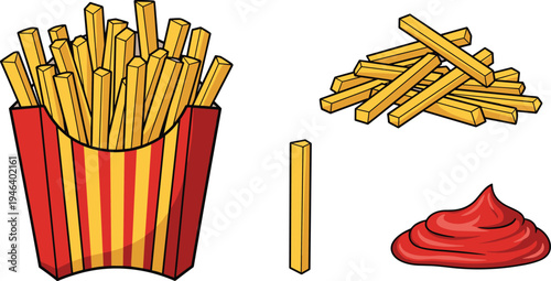 French fries fast food vector illustration set with crispy potato fries in red carton box, ketchup sauce and fried potato sticks