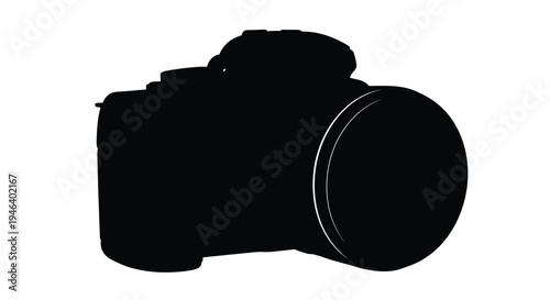 Silhouetted digital slr camera against a plain white background