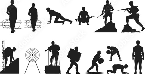 Silhouettes of soldiers performing various military activities and exercises in black and white