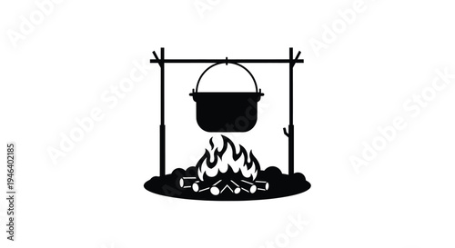 Black and white illustration of a cooking pot over a campfire