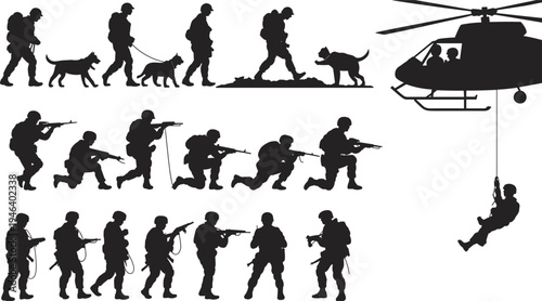Silhouettes of soldiers with dogs, rifles, and a helicopter in action military