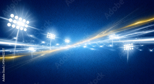 Abstract blue background with bright stadium lights and energetic light streaks